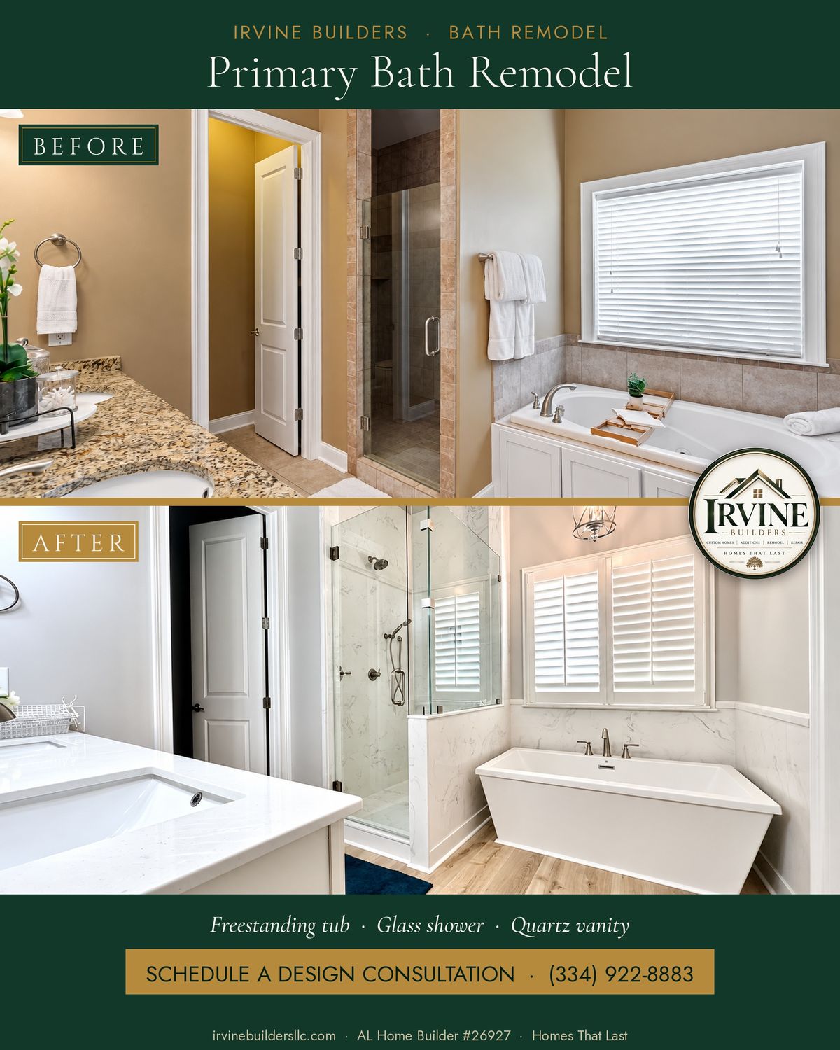 Primary bath remodel before and after: tan walls, granite and a tub in a cabinet surround, redone with a white quartz vanity, glass shower, freestanding tub and wood-look floor