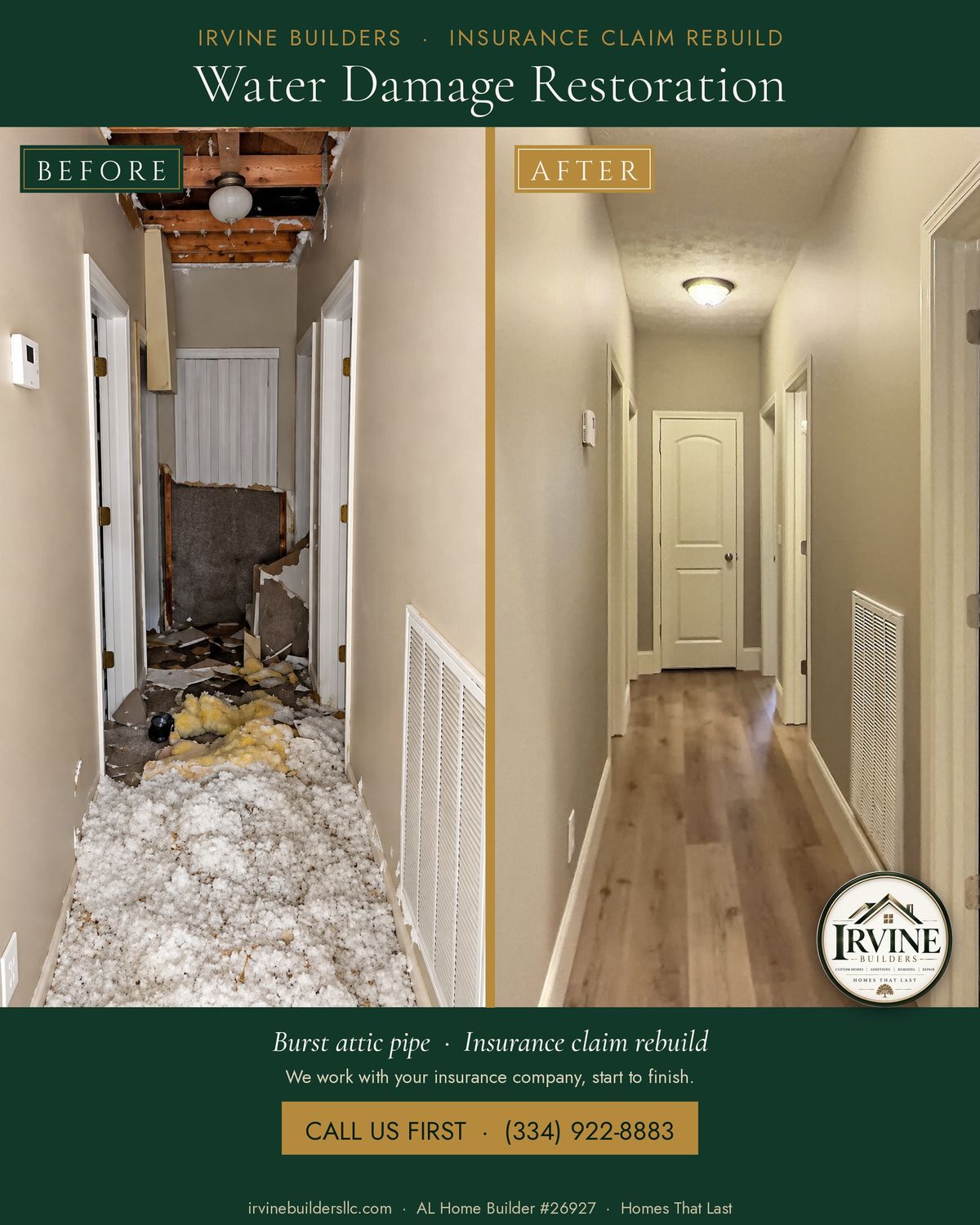 Water damage restoration before and after: hallway with ceiling torn out and insulation on the floor, then fully restored
